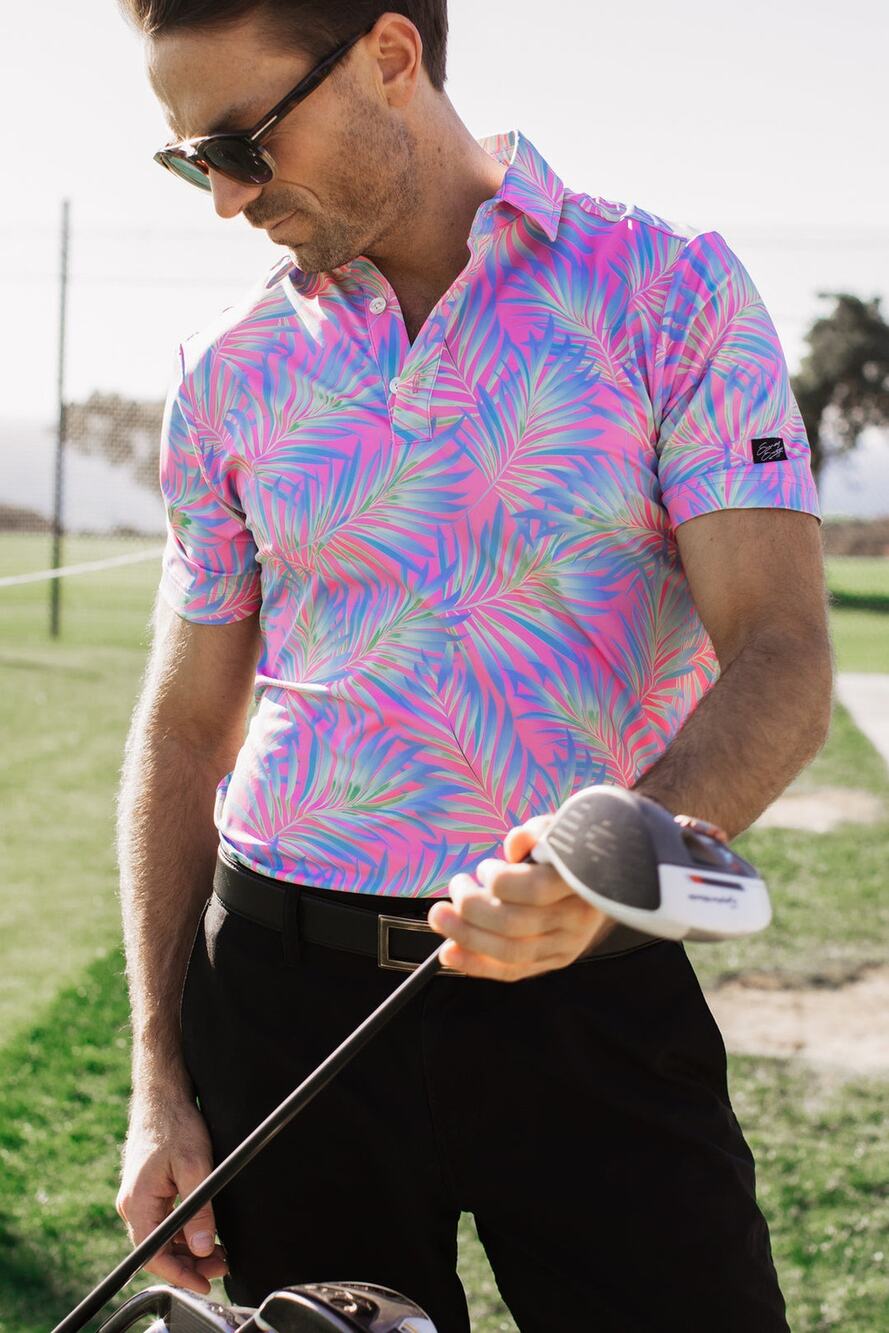 Sunday Swagger Maldives Neon Palms Stretch Performance Knit Golf Polo Shirt L